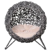 Cestino per Gatto, Letto Rialzato, Accogliente Grotta, con Cuscino Soffice Incluso, Resina Intrecciata Effetto Rattan, Ø 52 x 58H cm, Grigio