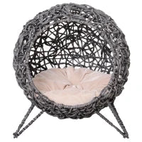 Cestino per Gatto, Letto Rialzato, Accogliente Grotta, con Cuscino Soffice Incluso, Resina Intrecciata Effetto Rattan, Ø 52 x 58H cm, Grigio