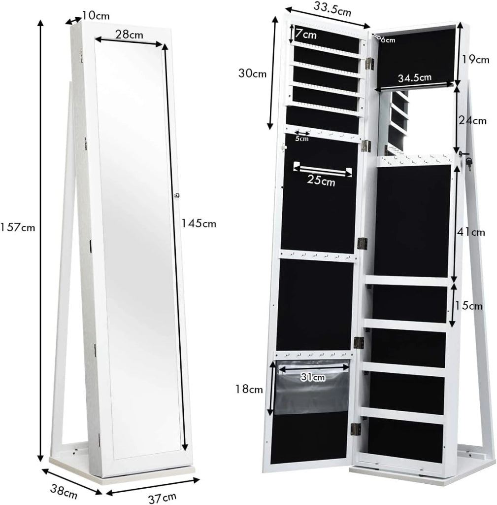 Armadietto Portagioie in Piedi con Specchio Ribaltabile, Armadietto a Specchio per Gioielli con 5 Scomparti, Supporto Triangolare, 157,5x38x38 cm,Bianco