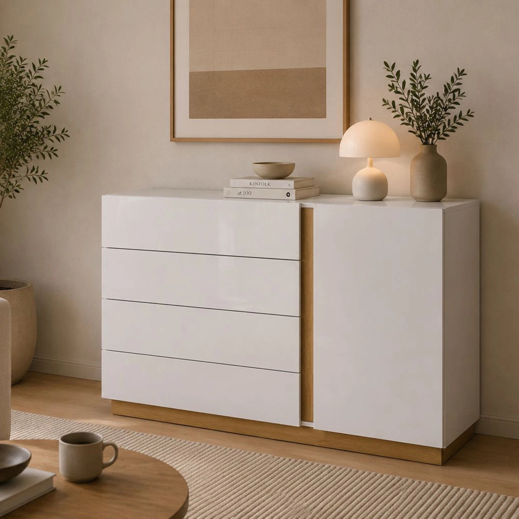 Madia Halana, Credenza 4 Cassetti, 138x40x91h cm Bianco Lucido