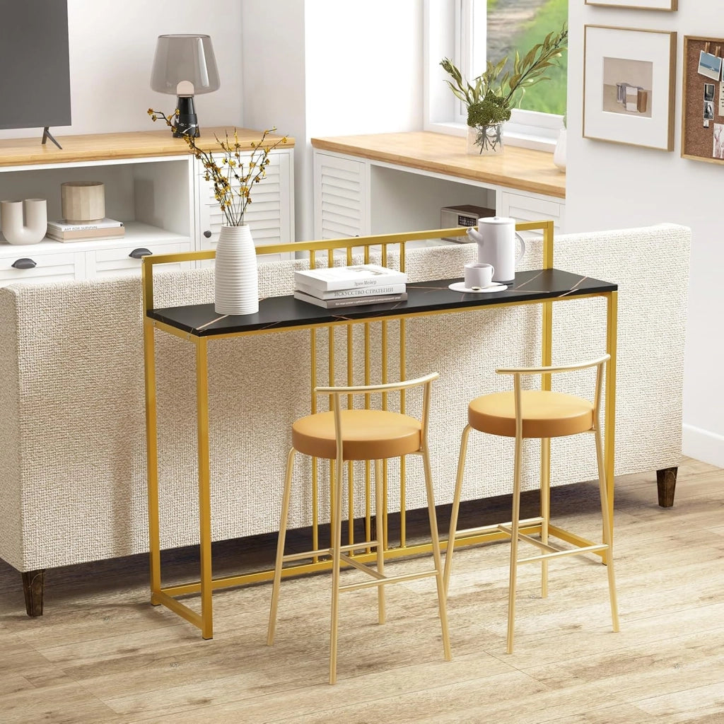 Tavolo Consolle 120 cm, Tavolo d’Ingresso con Piano Effetto Marmorino e Sponda, Consolle con Struttura in Metallo Dorato per Salotto, Corridoio e Ingresso (Nero)