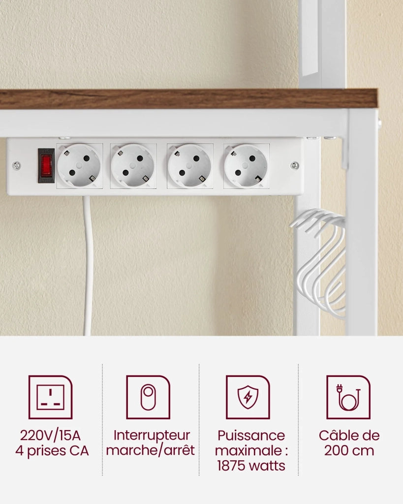 Mensola da cucina con multipresa supporto per microonde ripiano portaoggetti con pannello in rete metallica 14 ganci 40 x 80 x 170 cm marrone 12_0005667