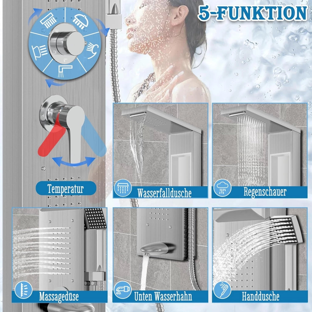 Set completo per doccia a pioggia, pannello doccia in acciaio inox, colonna doccia, 5 funzioni, doccia a cascata, doccetta massaggiante, doccetta manuale, scarico vasca, soffione doccia, nero