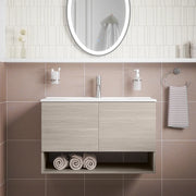 Mobile sospeso 60 cm rovere grigio con due ante, vano a giorno e lavabo | Sauris