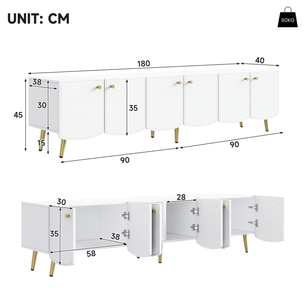 Mobile TV bianco e oro 180 cm con 6 ante e piedi in metallo