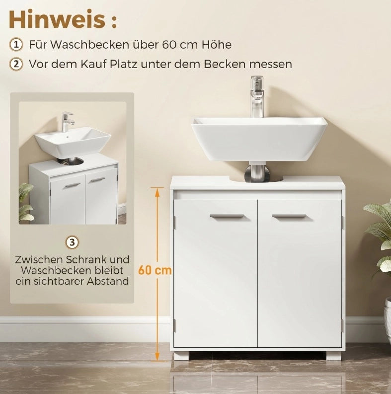 Mobile bagno moderno in MDF bianco con vano a U, ripiano regolabile e dimensioni 60x30x60 cm