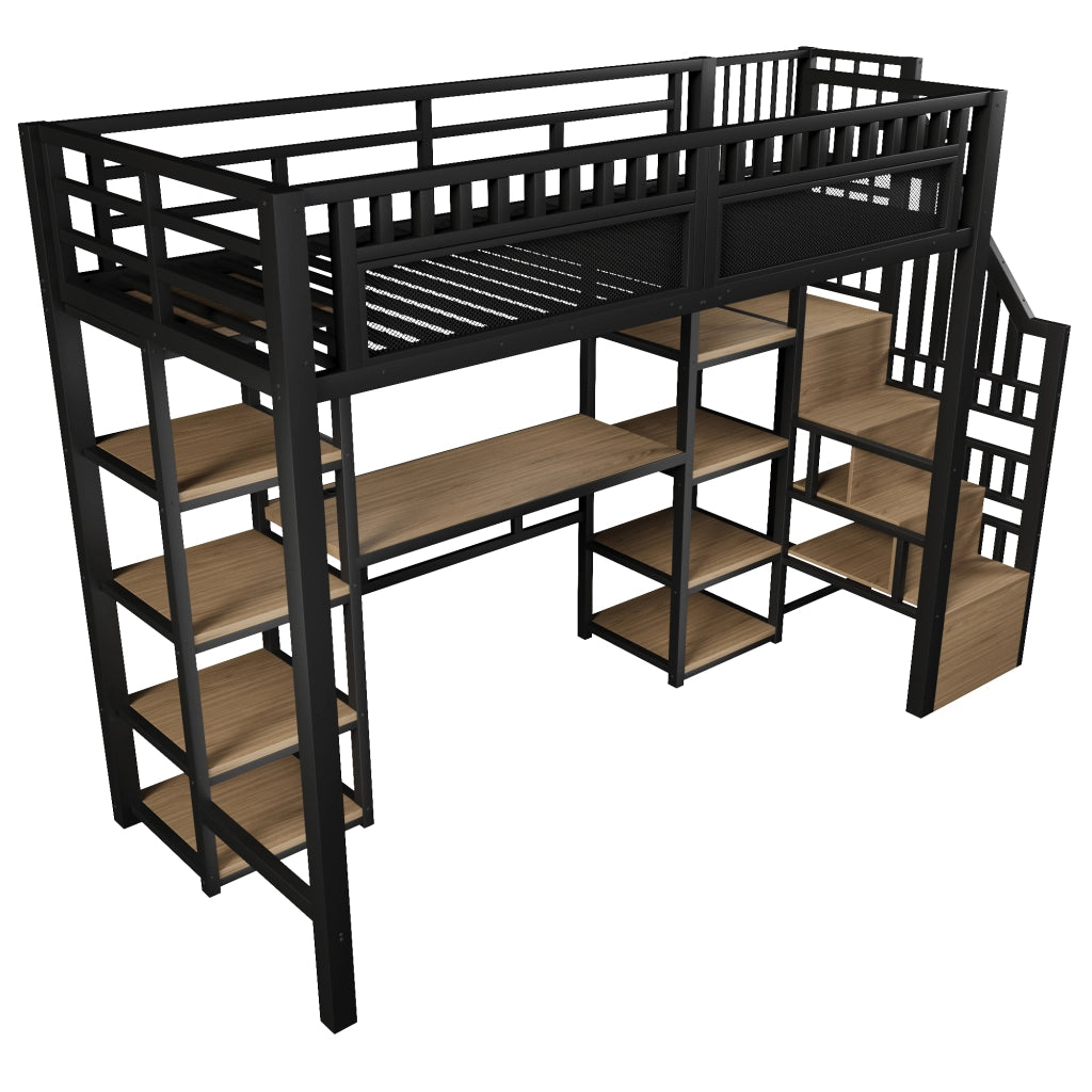 Letto a soppalco 90 x 200 cm con scrivania integrata; scala contenitore; ferro e MDF; nero