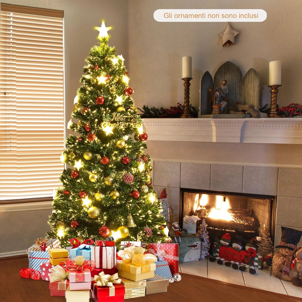 Albero di Natale 150/180 cm Pre-Illuminato, Albero di Natale Artificiale con 180/230 Punte di Ramo, 21/30 Luci a Stella Bianca Calda, Fibra Ottica e 8 Modalità di Illuminazione (150 cm)