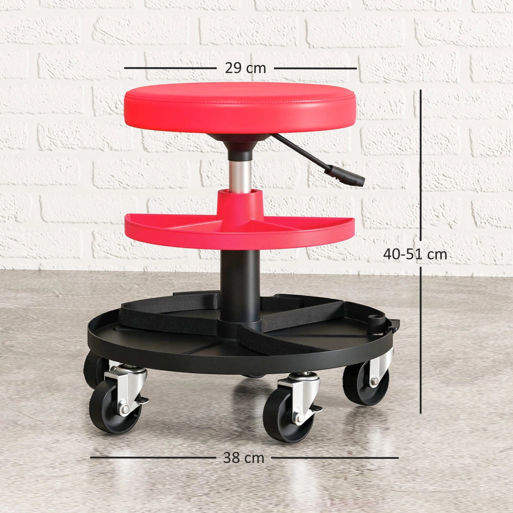 Sgabello da Lavoro con Ruote e Vassoio Altezza Regolabile 40-51cm ¨C zephmum ¨C Rosso