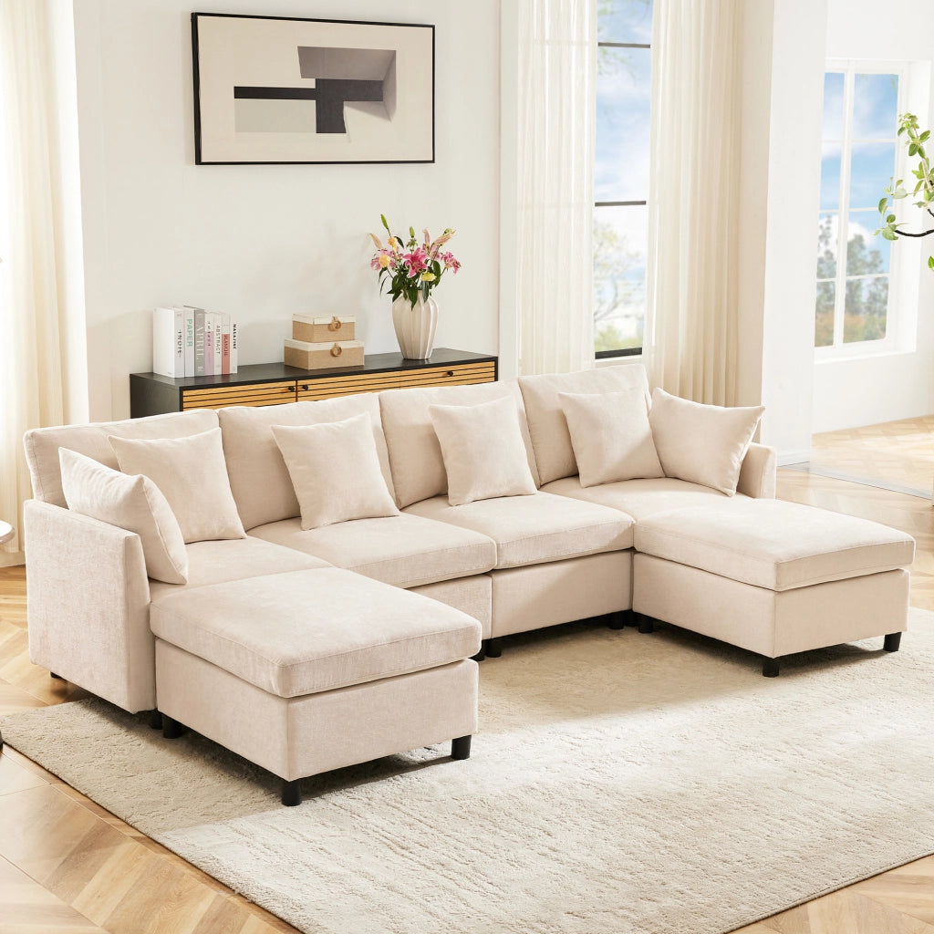 SOFA Modulare 278x161x81 cm in Chenille Beige con 2 pouf e 6 cuscini