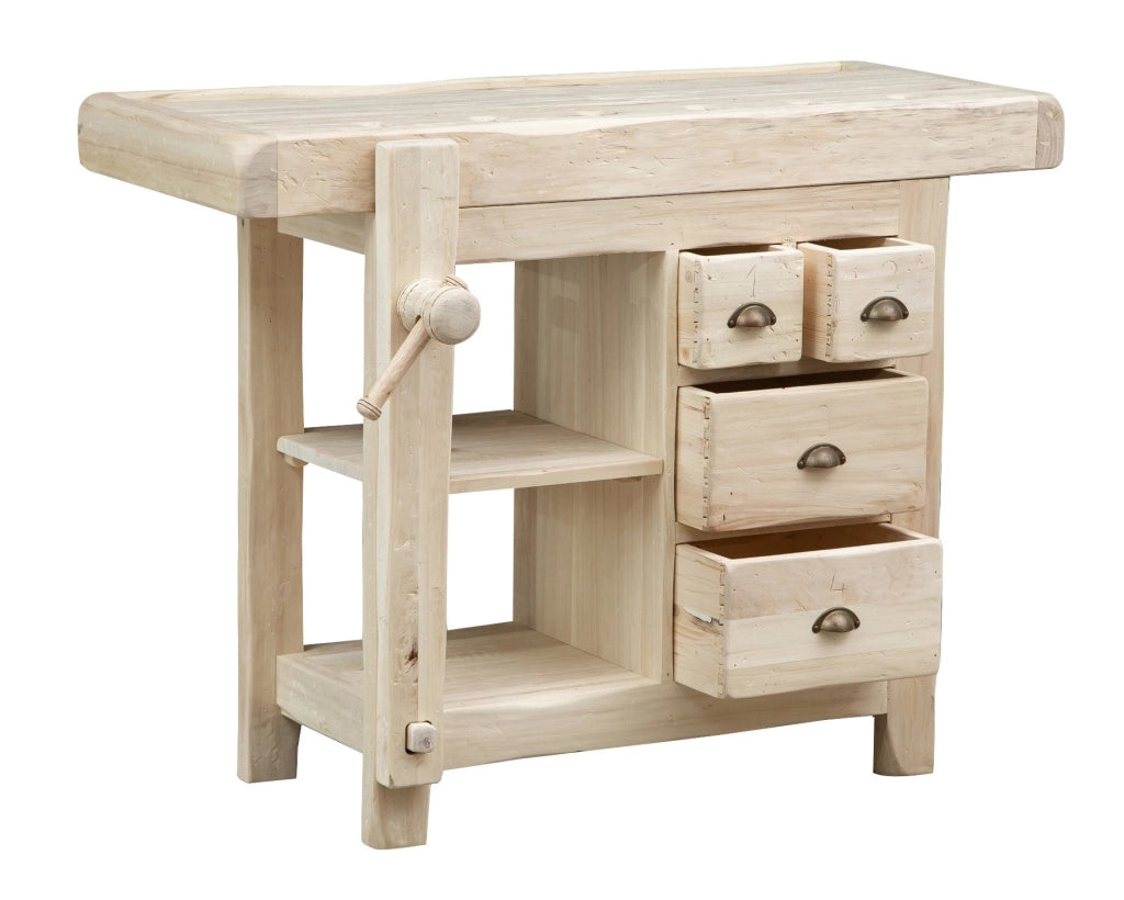 Biscottini Banco da lavoro Country in legno massello di tiglio grezzo L116xPR63xH90 cm. Made in Italy