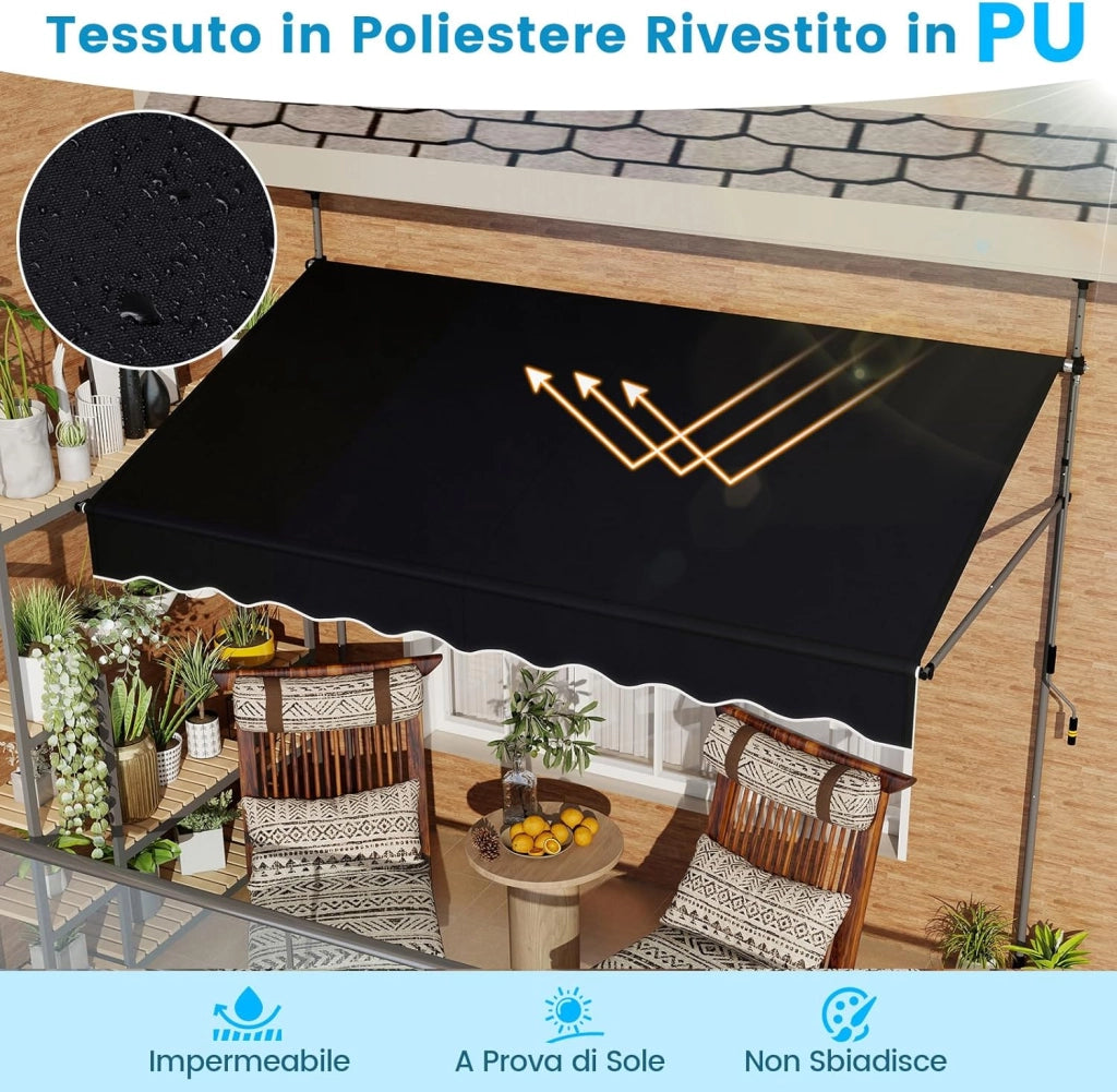 Tenda da Sole a Morsetto, Tenda per Balcone Senza Foratura Altezza e Inclinazione Regolabili con Manovella, Telo Impermeabile e Resistente ai Raggi Solari e Telaio Antiruggine (2,5M,Nero)