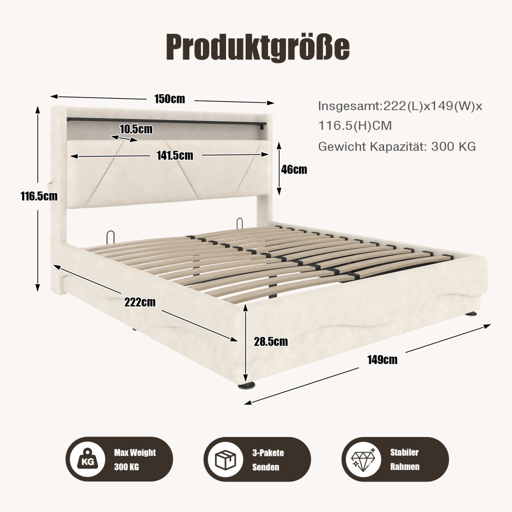 OKWISH Letto Contenitore 140×200 cm, Letto Matrimoniale con LED, USB, Tipo C, Mensole e Tasche Laterali, senza Materasso, in Velluto, Beige