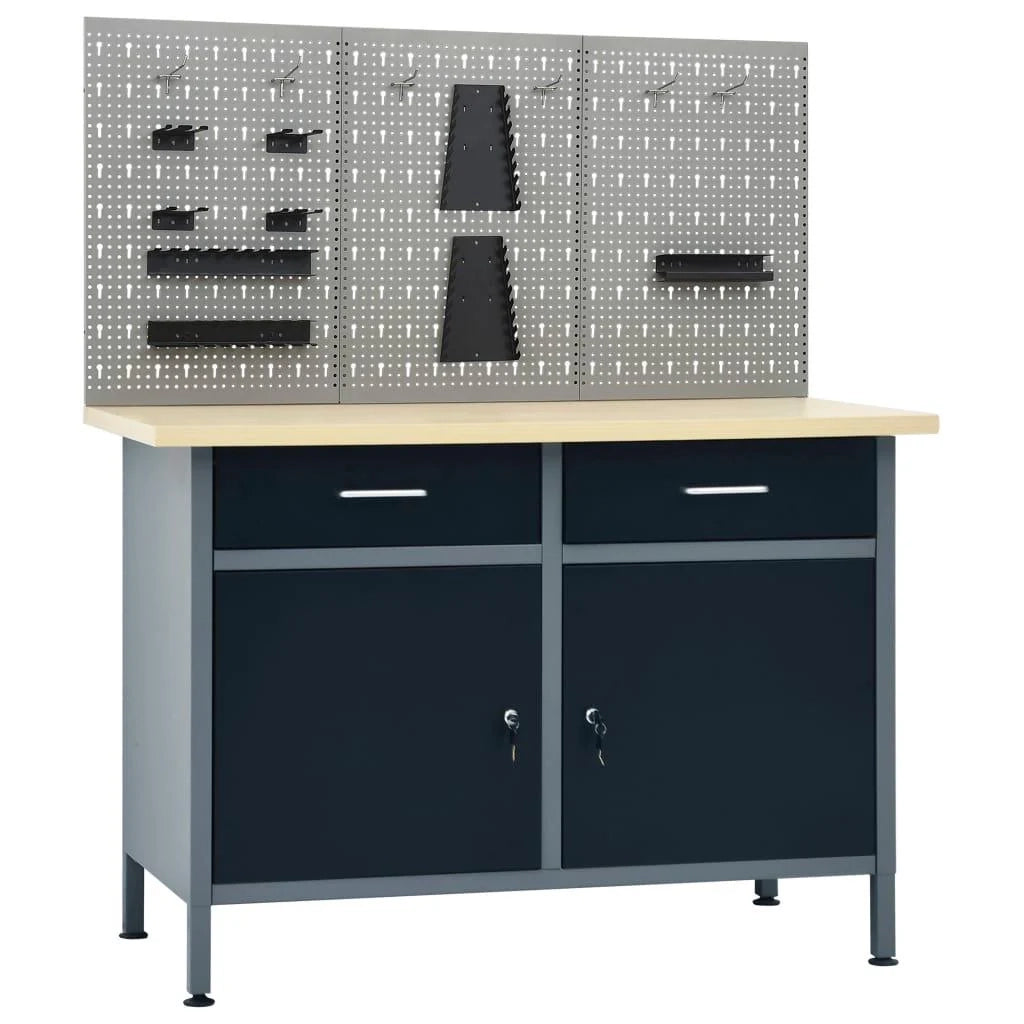 Banco da lavoro da 120 cm con 3 pannelli a parete e 1 mobiletto da officina tavolo da lavoro grigio/nero 02_0003658