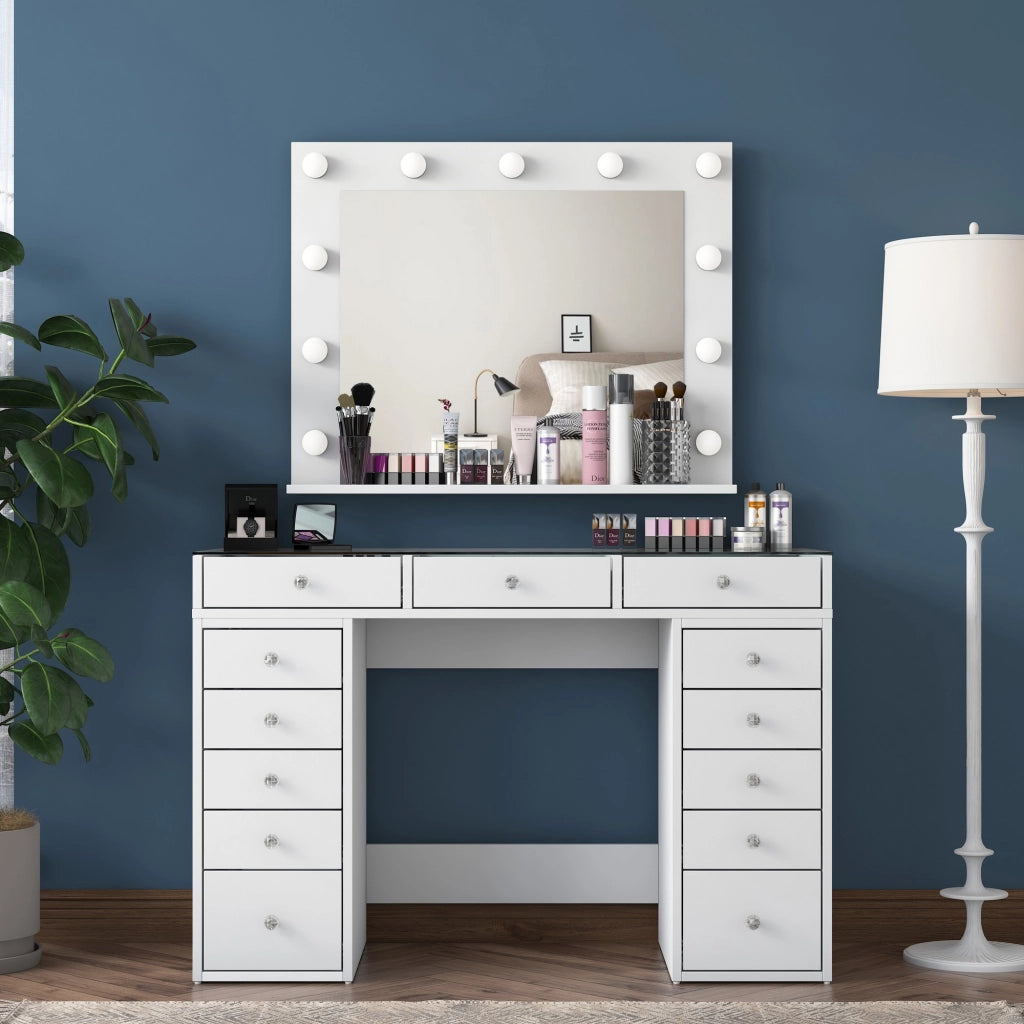 Comodino "Baria" con specchio in legno - 120 x 44 x 80 cm - Bianco
