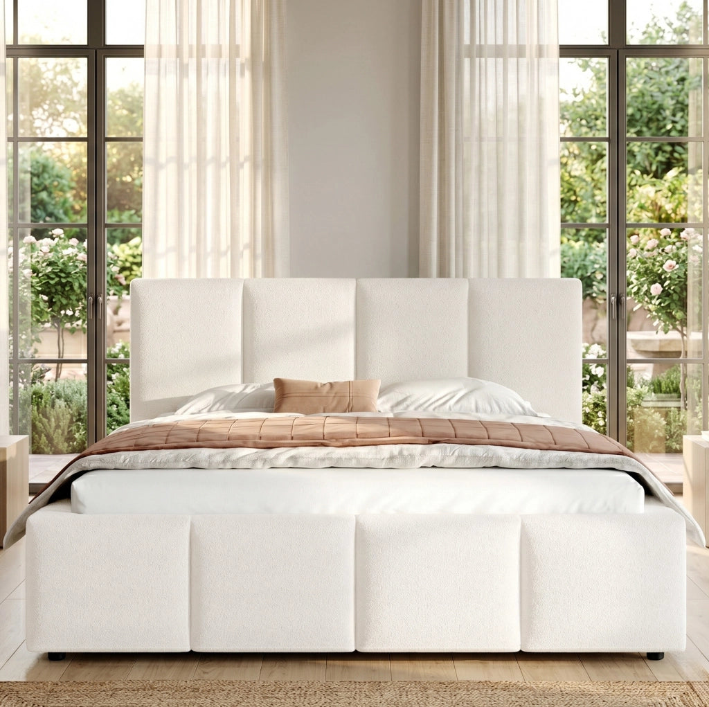 Letto imbottito 180x200 cm con rete a doghe; testiera bouclé beige