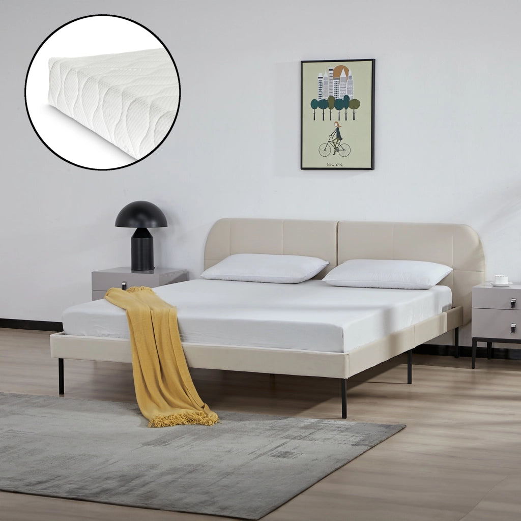 Letto Matrimoniale Porvoo con Testiera e Materasso 160x200 cm Rivestimento in Velluto - Beige [en.casa]