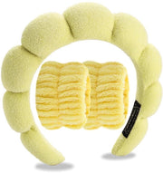 Trisettore fasciatoio con fascia per capelli e polsiera in tessuto soffice per la pulizia del viso e la cura della pelle, fascia antiscivolo per donne, gialla