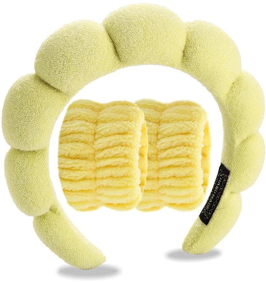 Trisettore fasciatoio con fascia per capelli e polsiera in tessuto soffice per la pulizia del viso e la cura della pelle, fascia antiscivolo per donne, gialla