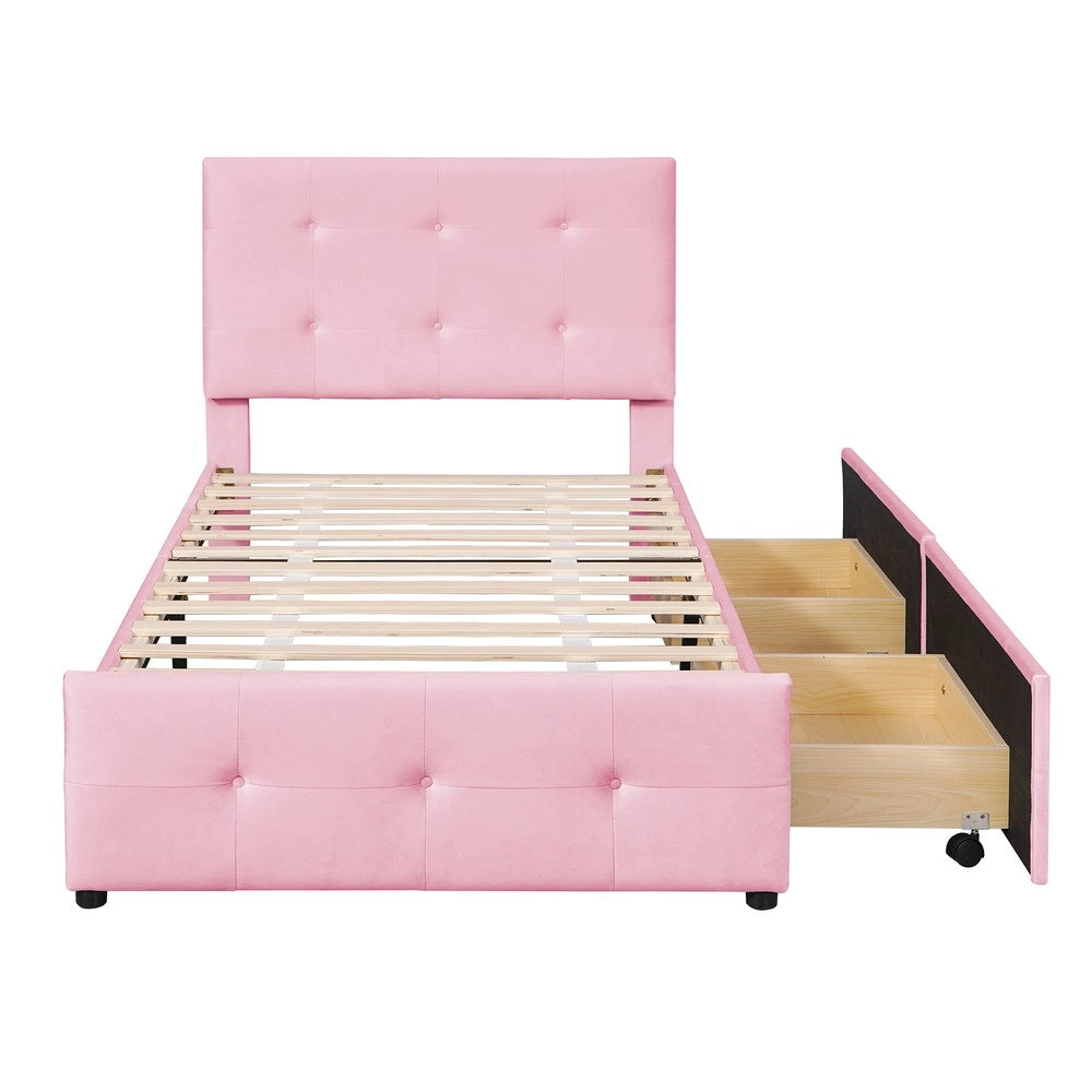 Letto imbottito singolo ¨C Minimal ¨C Rosa velluto 90x200cm con rete a doghe e due cassetti