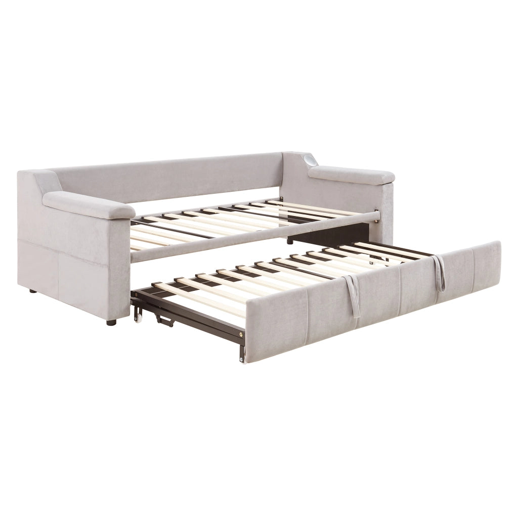Letto imbottito multifunzione con letto estraibile 90/180x190, velluto beige, Bluetooth, USB e vani