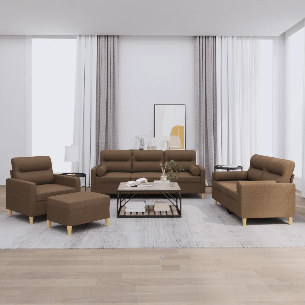 Set di Divani 4 pz con Cuscini Marrone in Tessuto