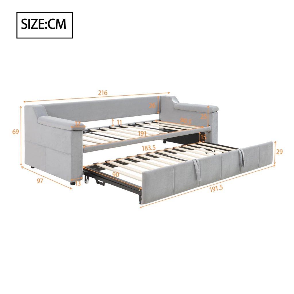 Letto imbottito salvaspazio 90×190 cm e 180×190 cm con USB; ripiani e Bluetooth; senza materasso; grigio chiaro