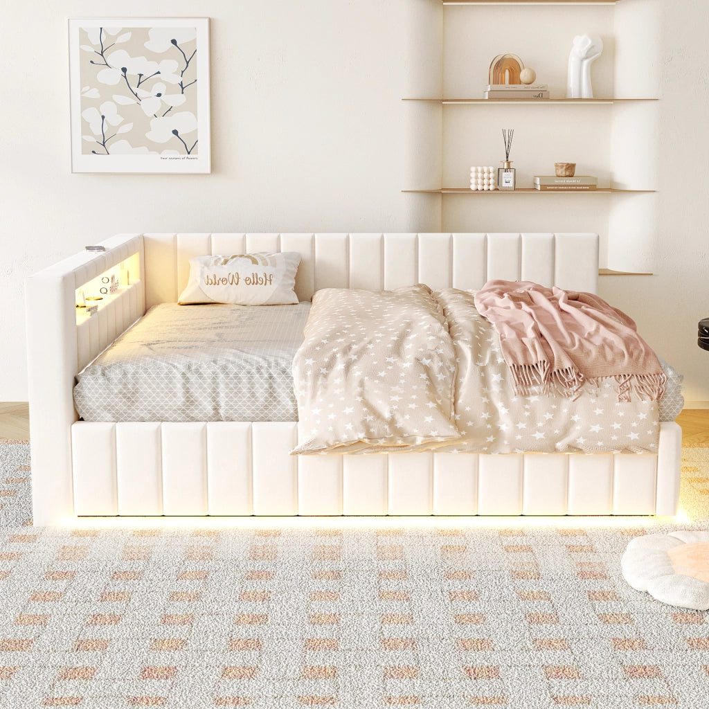 Letto imbottito matrimoniale contenitore 140x200 in velluto beige con LED e USB