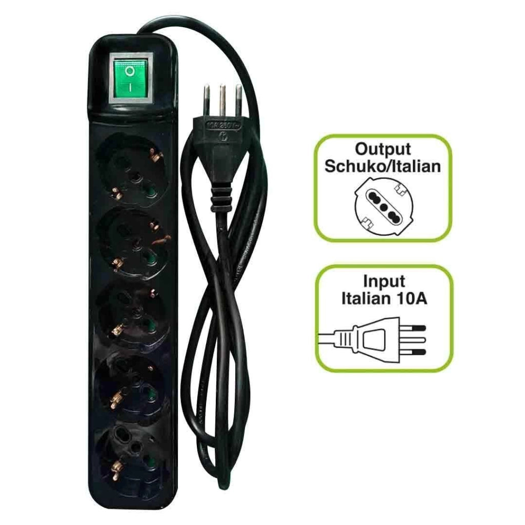 Tecnoware FMP5IIG Power Cleaner 5 Multipresa Ciabatta Elettrica 5 Uscite Schuko Italia 10A 16A Interruttore Luminoso Child Protection Cavo 150 cm colore Nero