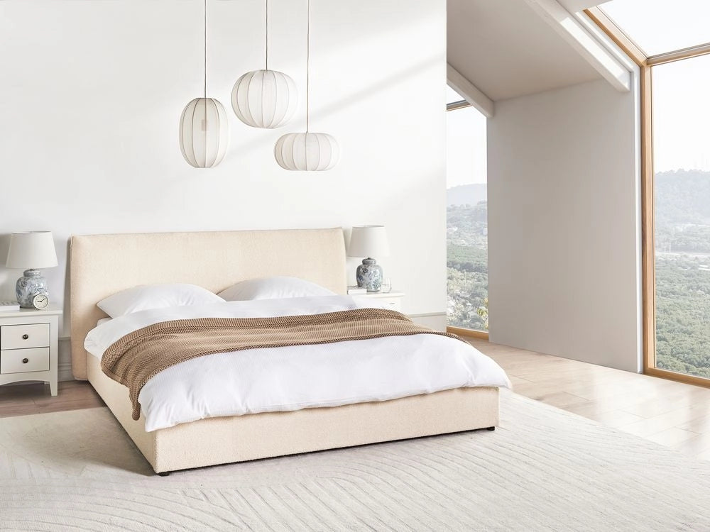 Letto matrimoniale in tessuto bouclé beige testata classica contenitore 180 x 200 cm Doghe in legno