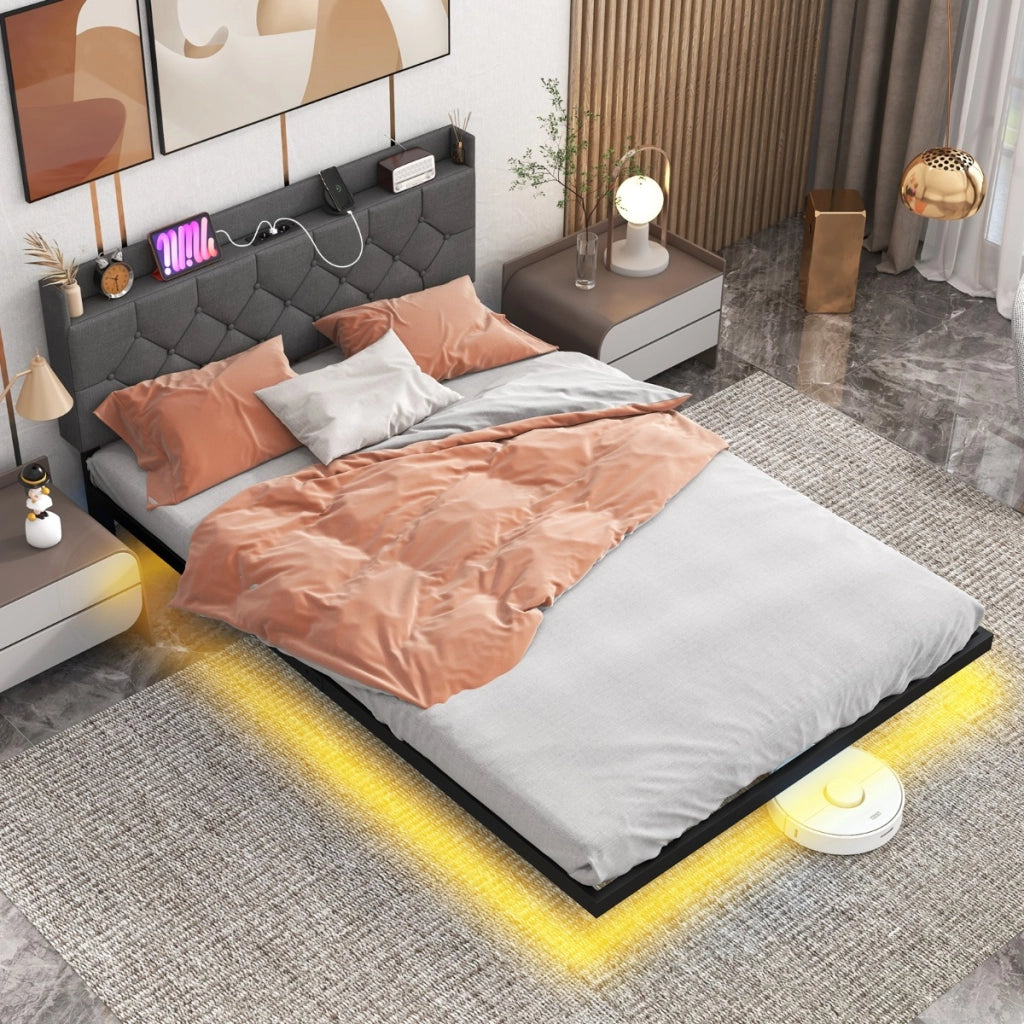 Letto galleggiante con luci LED testiera imbottita regolabile e stazione di ricarica-Giroletto-Base per materasso Grigio 208x144x87cm