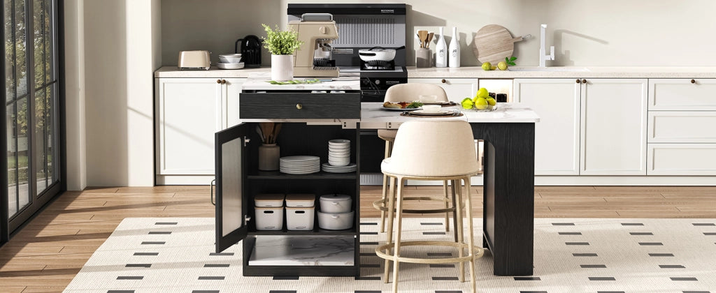 Tavolo allungabile per 4 persone con presa integrata 1 cassetto ripiani regolabili ante in vetro MDF bianco e nero