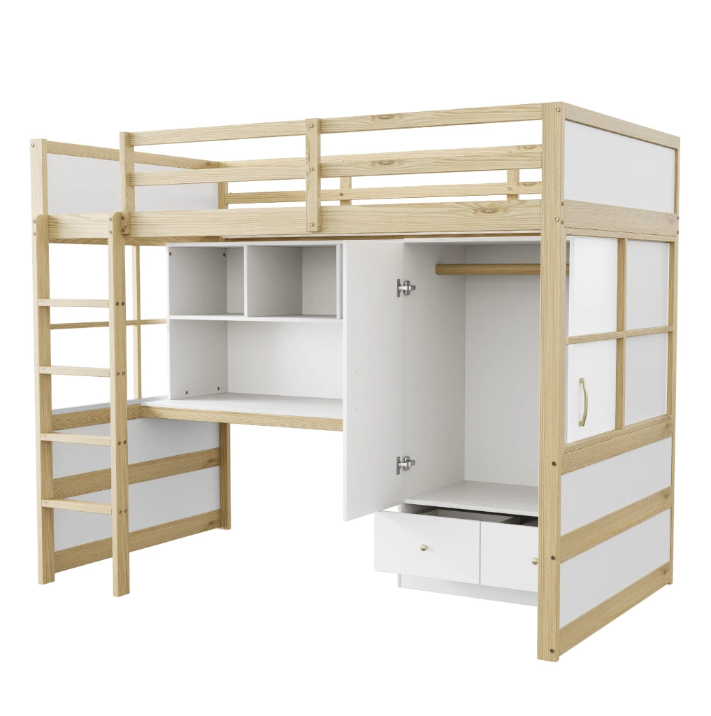 Letto a soppalco 90x200 cm con scrivania, armadio e cassetti