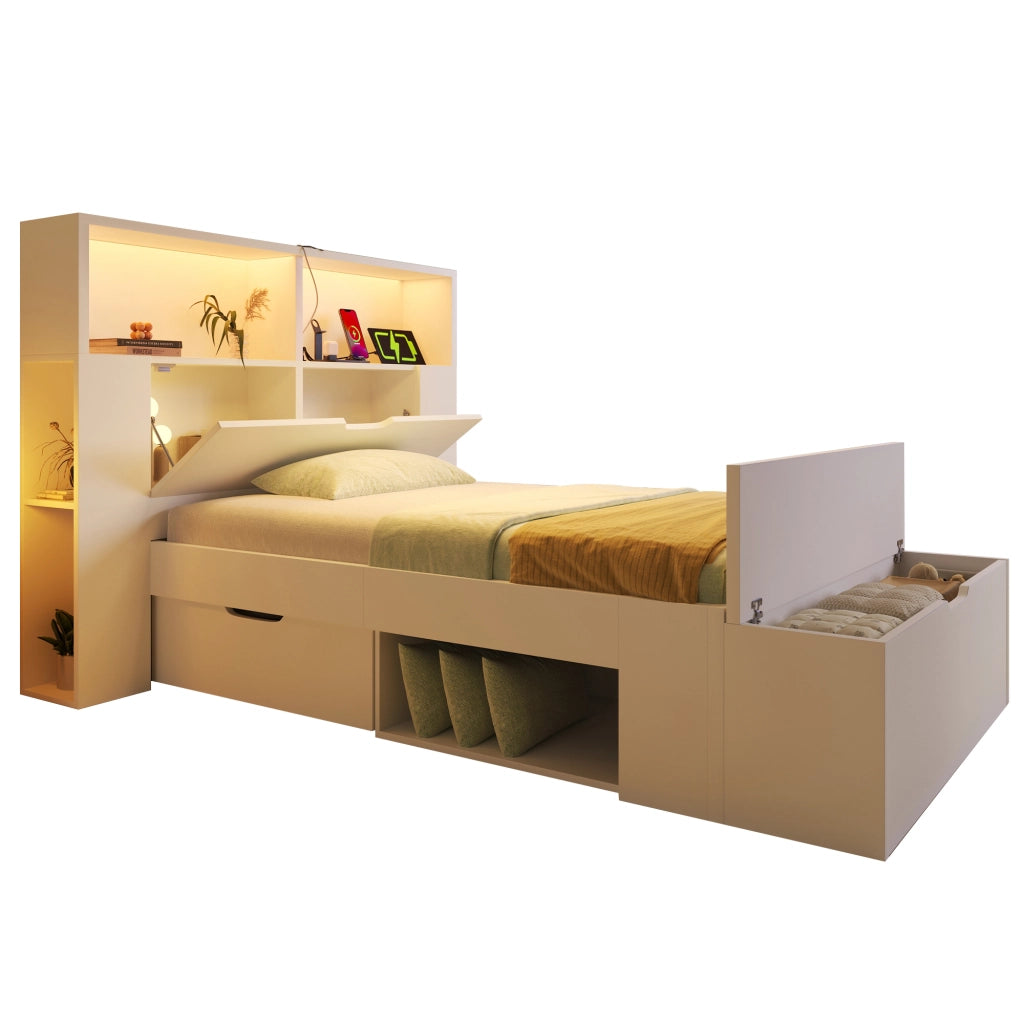Letto in legno bianco con illuminazione a LED e USB cassetti 90x200 cm