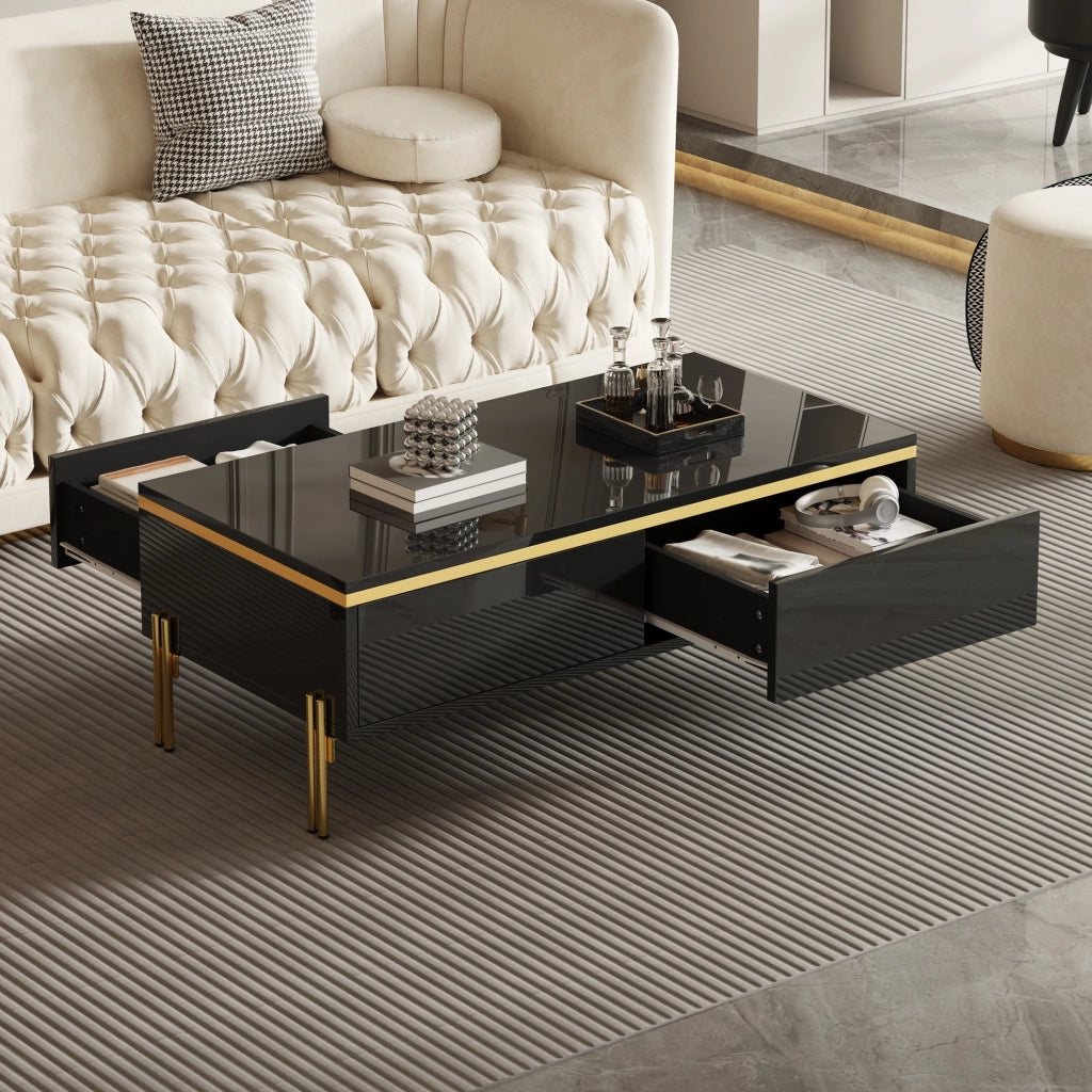 Tavolino da Salotto con 2 Cassetti Nascosti e Gambe in Metallo; Lucido; Stile Moderno; in Truciolare; Nero; 100×50×36 cm