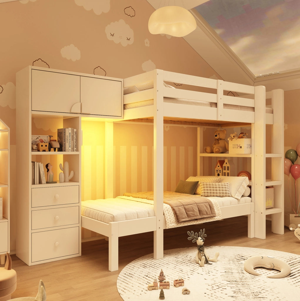 Letto a castello sfalsato 90x200 bianco con armadio e luce LED