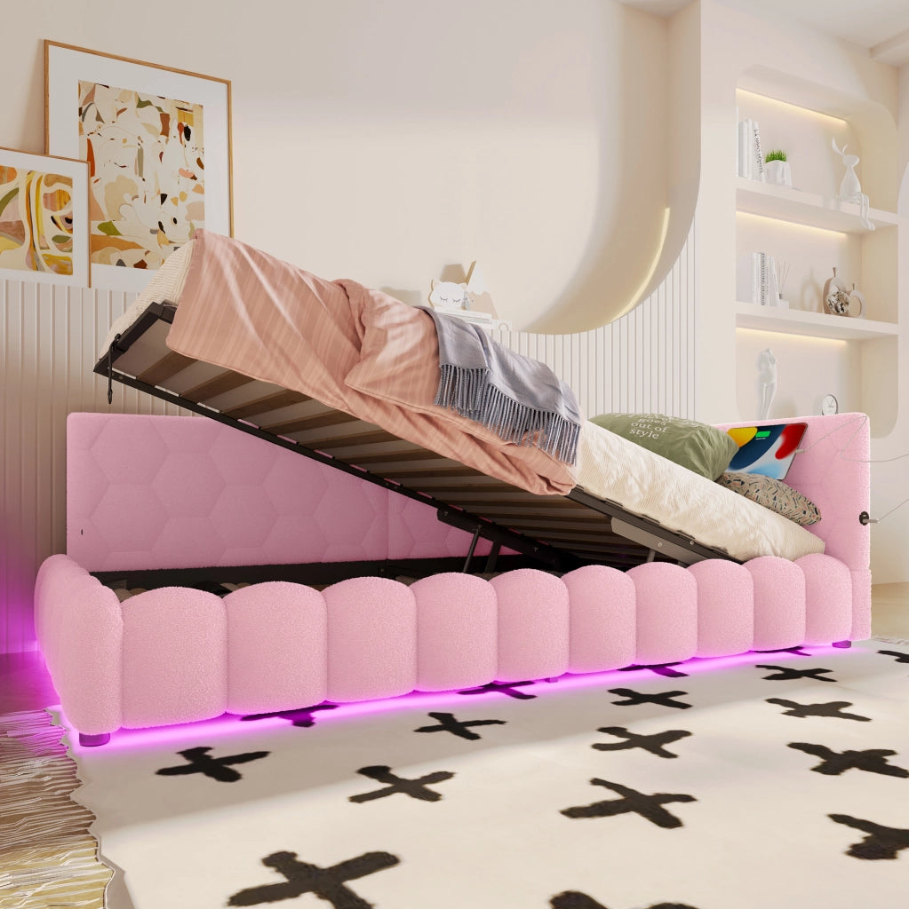 Letto singolo rosa 90x200 cm con contenitore idraulico, LED, USB e Type-C