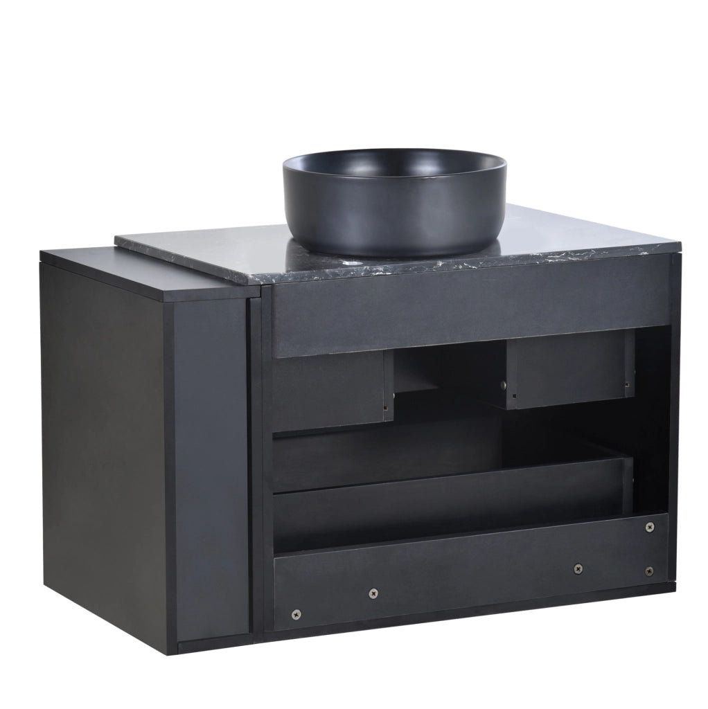 Mobile lavabo sospeso con lavabo in ceramica; piano in marmo; nero e grigio