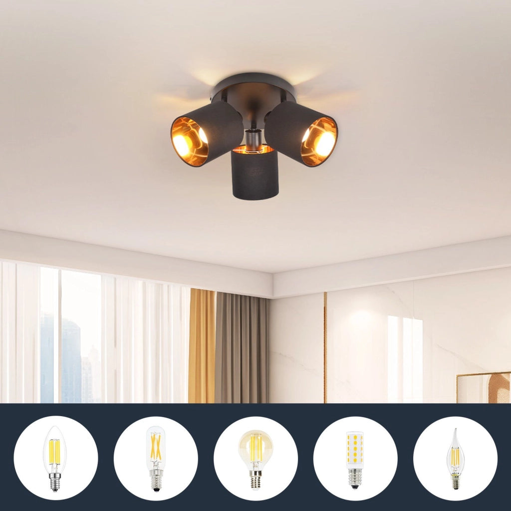 ZMH Faretto da soffitto neri retrò 3 luci E14 rotanti 350° paralume tessuto max 25W senza lampadina