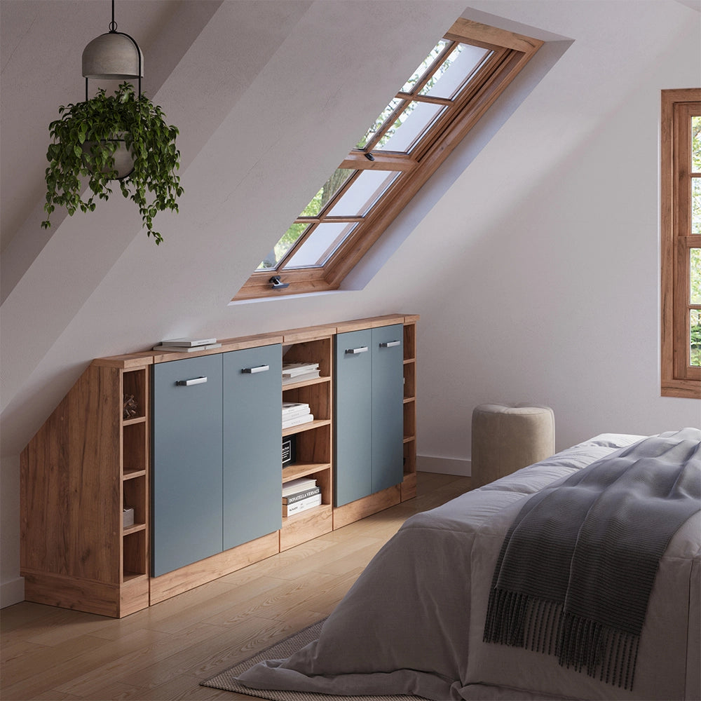 Mobile cucina sottotetto R-Line Grigio-blu/Rovere dorato 210 cm Set di 5 Vicco