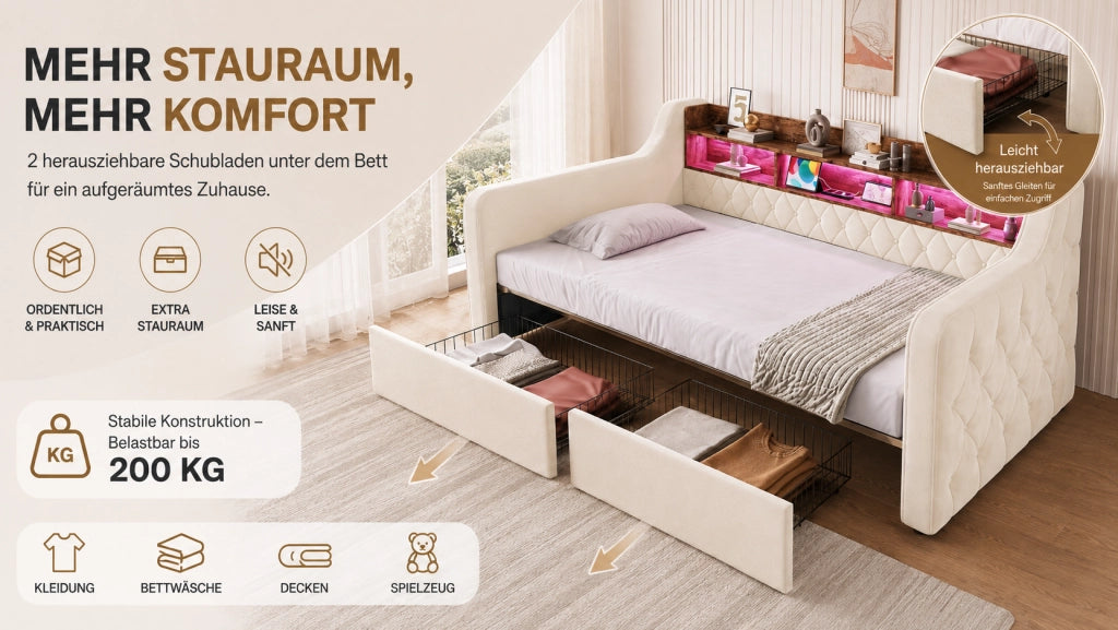 Letto singolo imbottito 90x190 cm con contenitore, LED integrato, porte USB e Type-C, testiera con ripiani e 2 cassetti beige