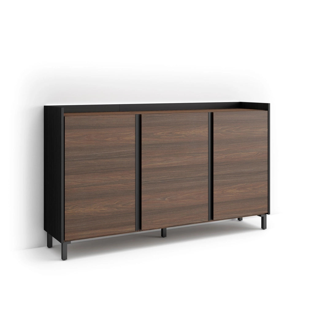 Credenza, Mobile, Cucina, 156x91x35 cm, 3 Porte, Design industriale, LED, Rovere scuro e Nero