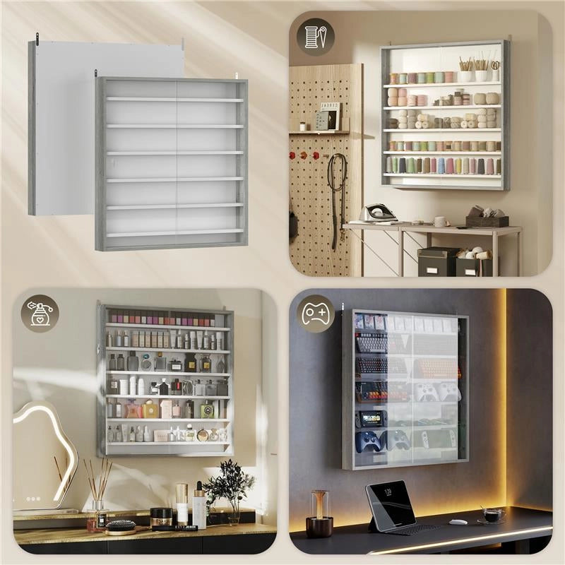 BACHECA PORTAOGGETTI A 5 RIPIANI REGOLABILI IN LEGNO CON ANTE IN VETRO, 80X9.5X83 CM, BIANCO E GRIGIO