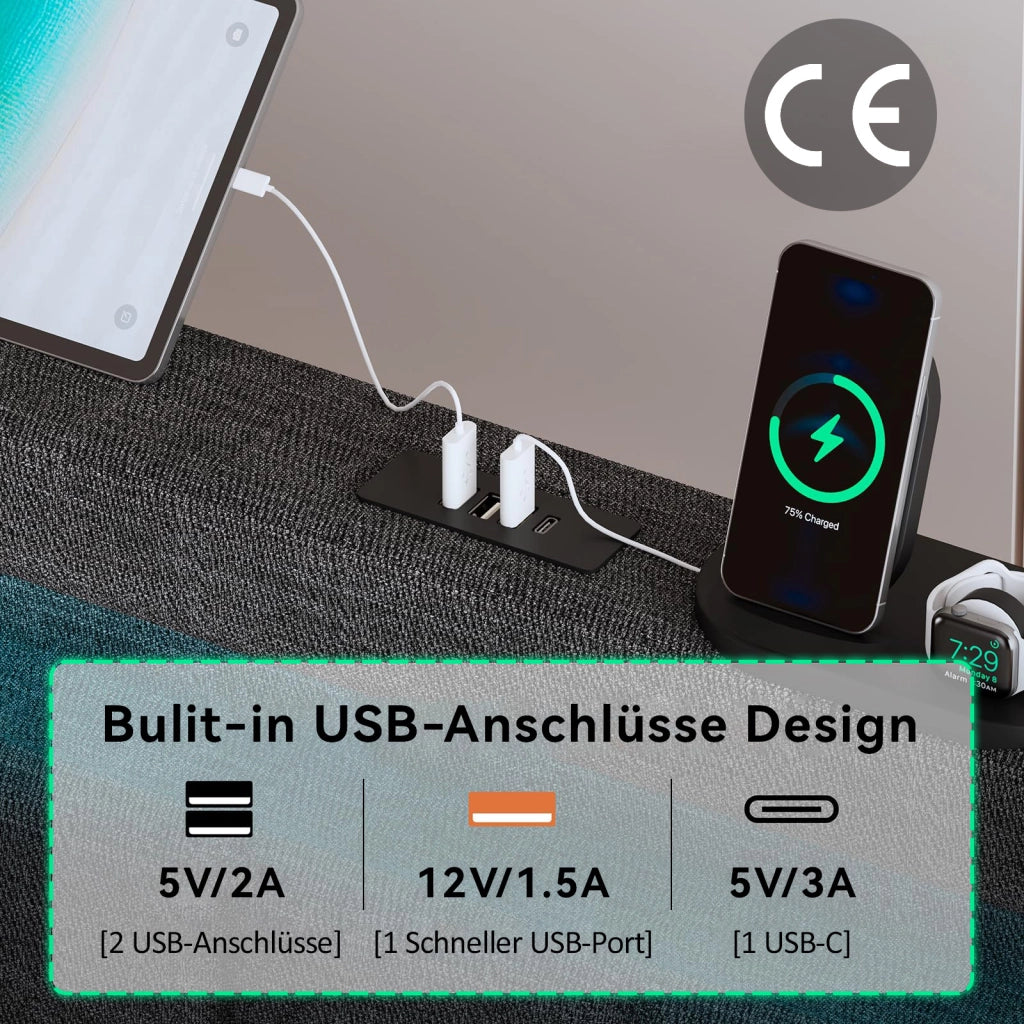 Letto singolo – 90x200 cm – USBC LED 2 cassetti – legno grigio