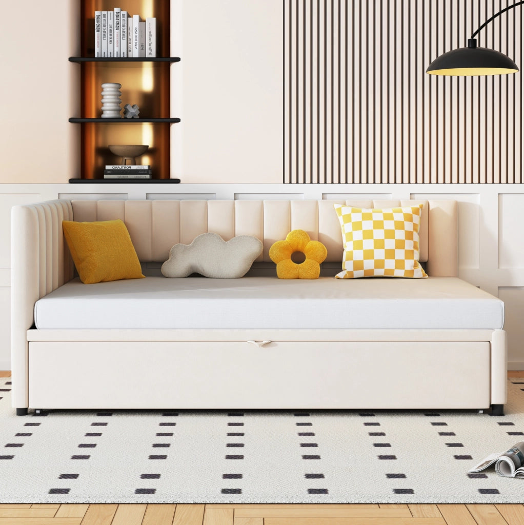 LETTO SOFA L-Forma Estraibile 90x200 cm Velluto Beige