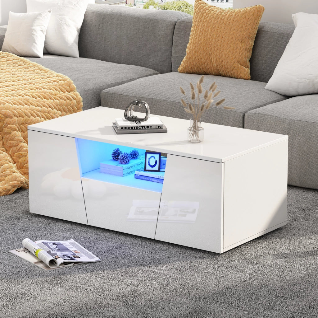 Tavolino da caffè 100x50x40 cm con luci LED; 2 armadietti e 1 cassetto in truciolare bianco