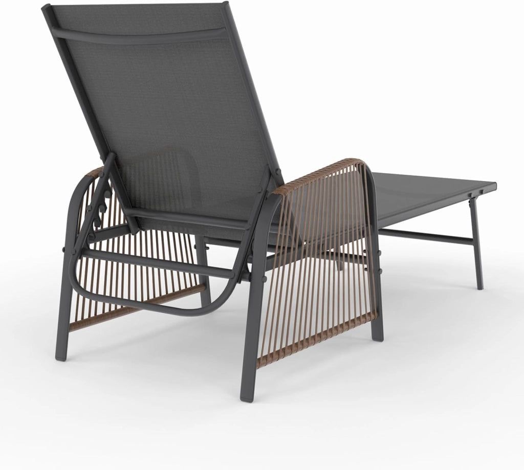 Set di 2 lettini da Giardino reclinabili Rio in Acciaio Grigio Antracite, Corda in Rattan con braccioli e Tela Grigia