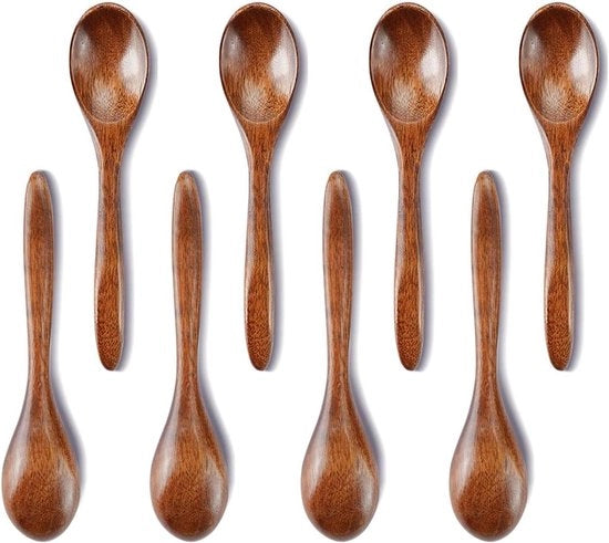 Set di cucchiai in legno da 8 pezzi per cucinare e mescolare - 14 cm di lunghezza - cucchiaio di miele, cucchiaio a caffè, cucchiaio da tè - spezie, cibo, cucinare, mescolare alimenti.