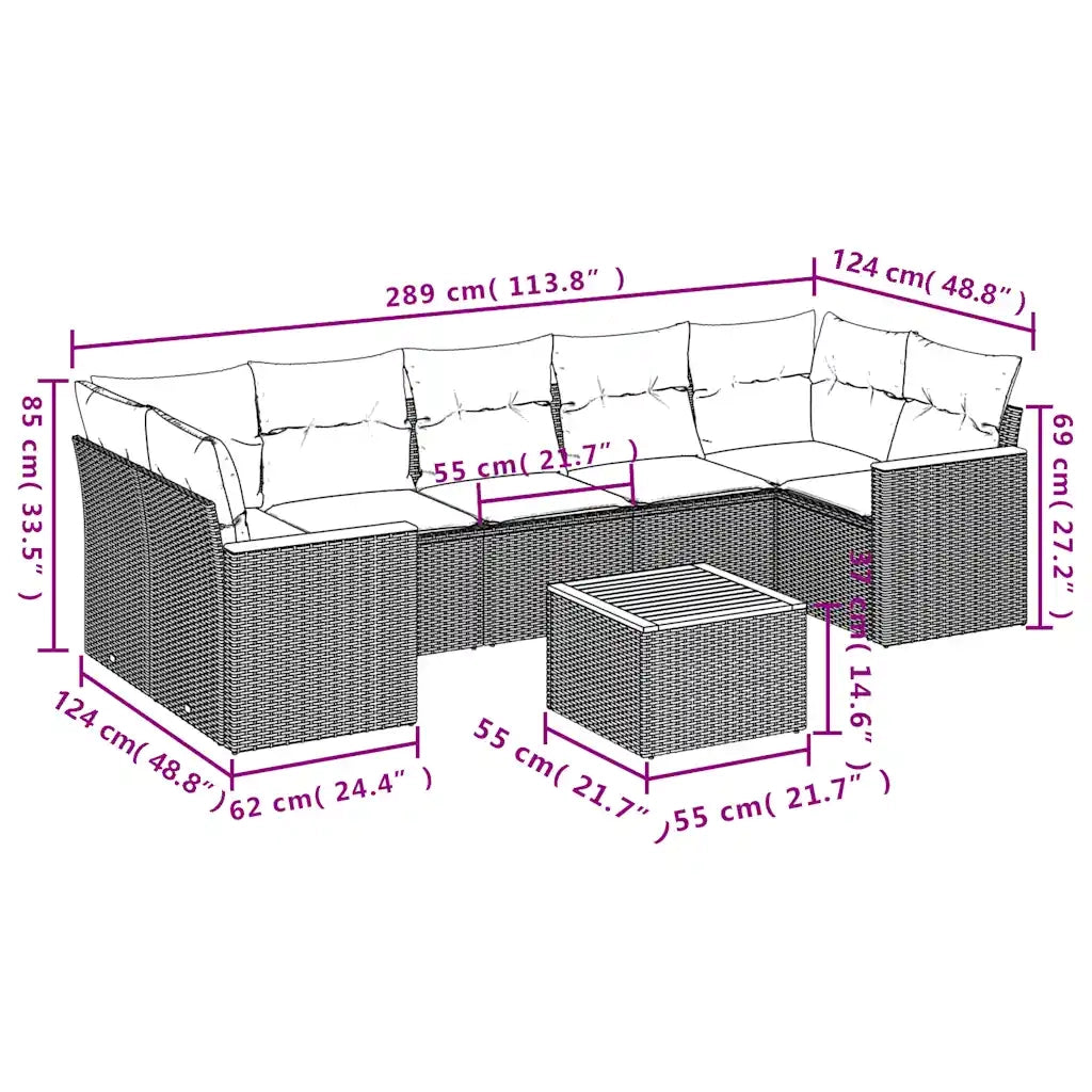 Set Divani da Giardino 8 pz con Cuscini Nero in Polyrattan 3225812