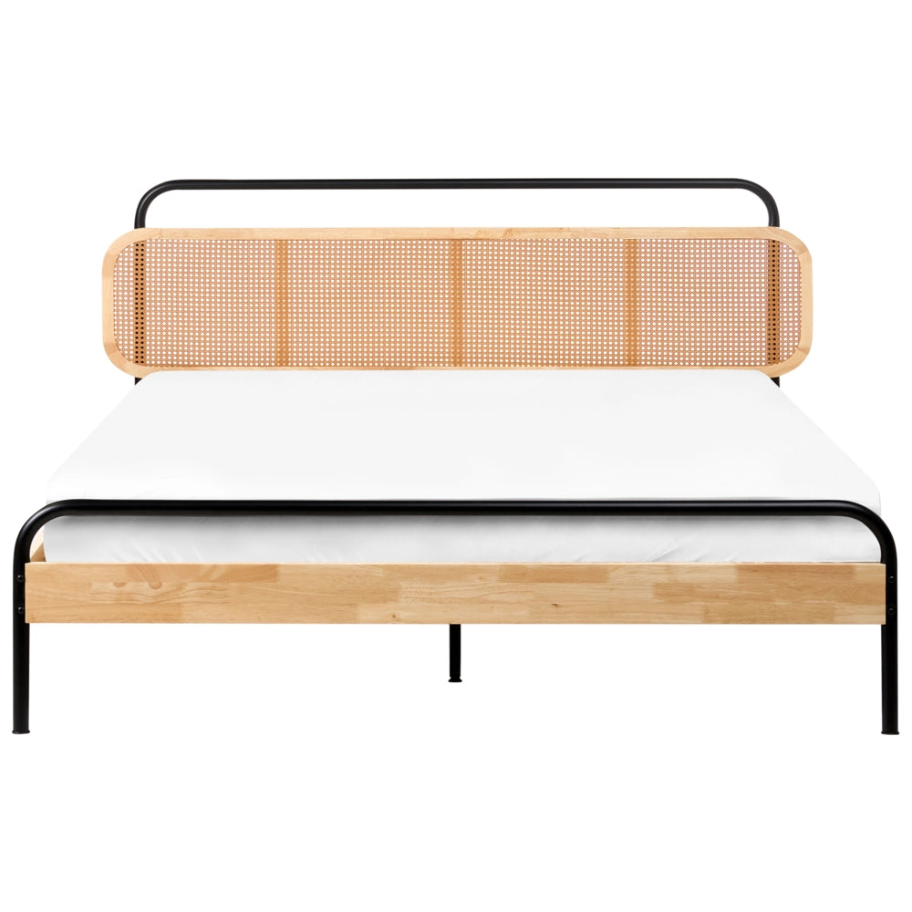 Letto matrimoniale moderno base a doghe con testata a treccia viennese in legno di gomma chiaro 180 x 200 cm Camera da letto